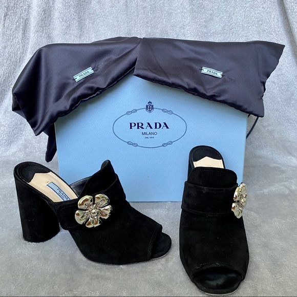Prada Mule Heels Black Suede Metal Flower - Picture 1 of 8